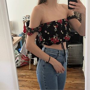 Black crop top off shoulder embroidered flowers